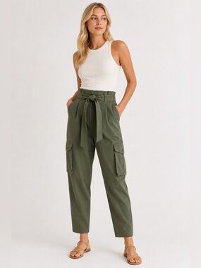 Exquise Olive Green Paperbag Waist Cargo Pants Belted Utility Trouser Size MP